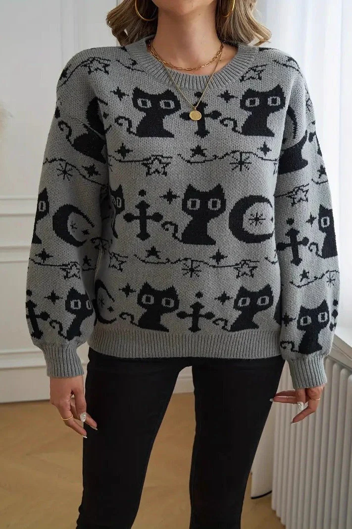 Black Cat Moon Jacquard Knit Sweater - Image 6