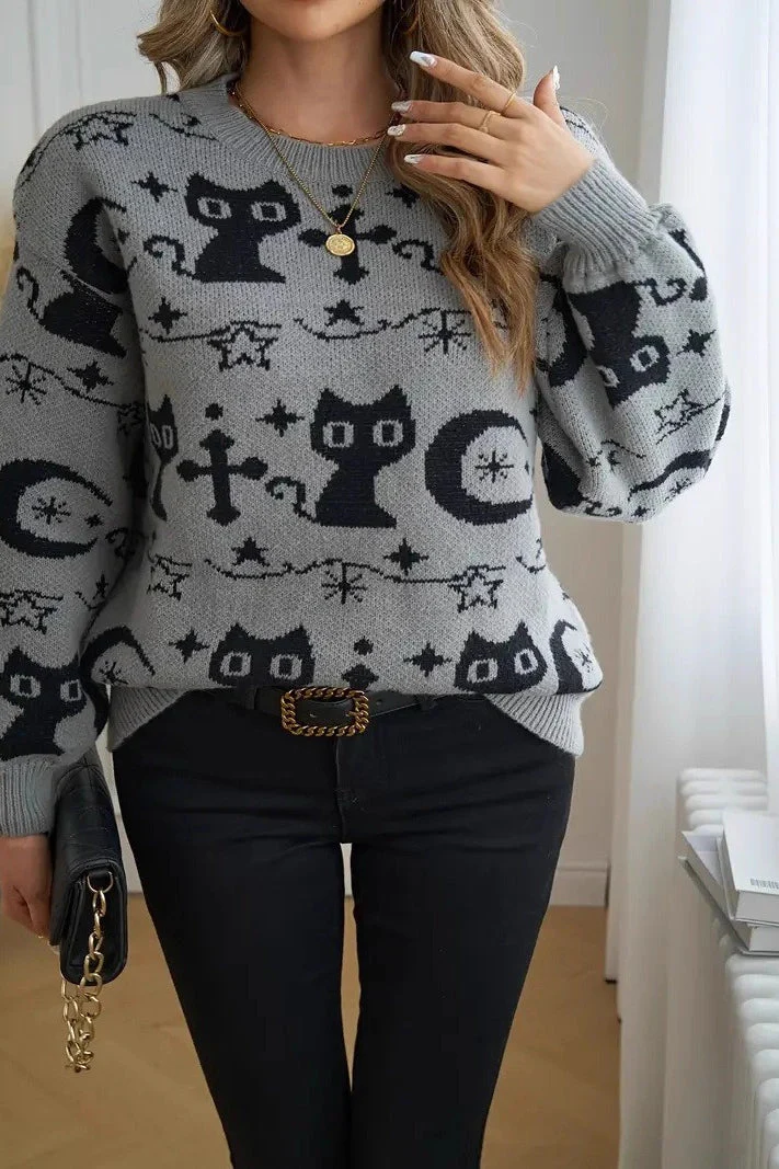 Black Cat Moon Jacquard Knit Sweater - Image 9