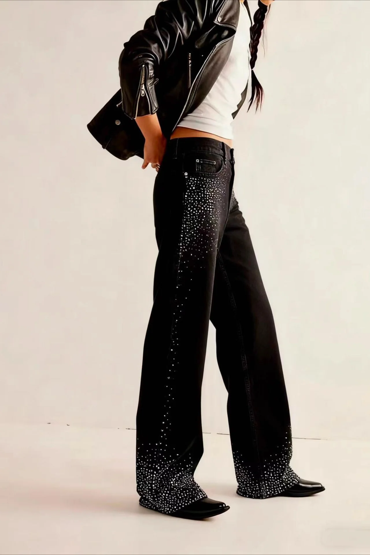Black Denim Stretch Rhinestone Straight Pants - Image 2