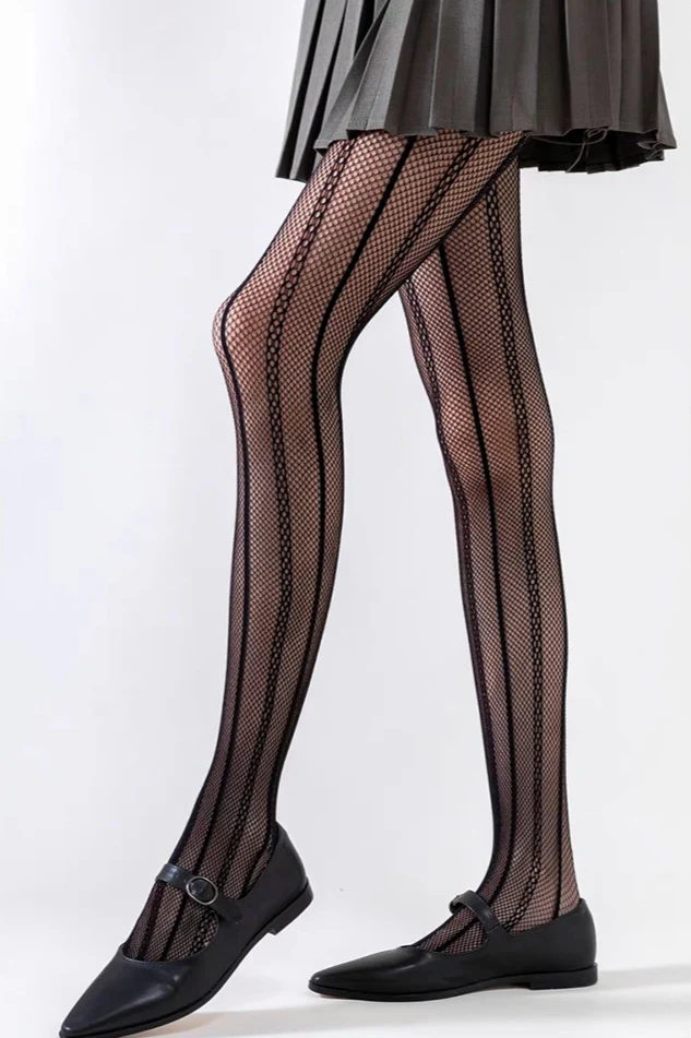 Black Lace Sheer Striped Fishnet Tights - Image 2