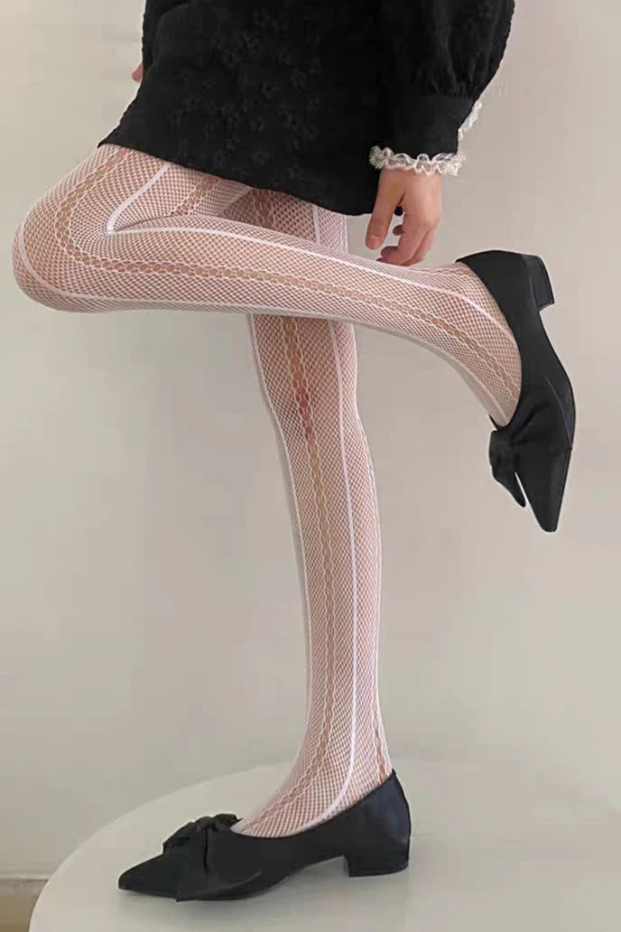 Black Lace Sheer Striped Fishnet Tights - Image 6