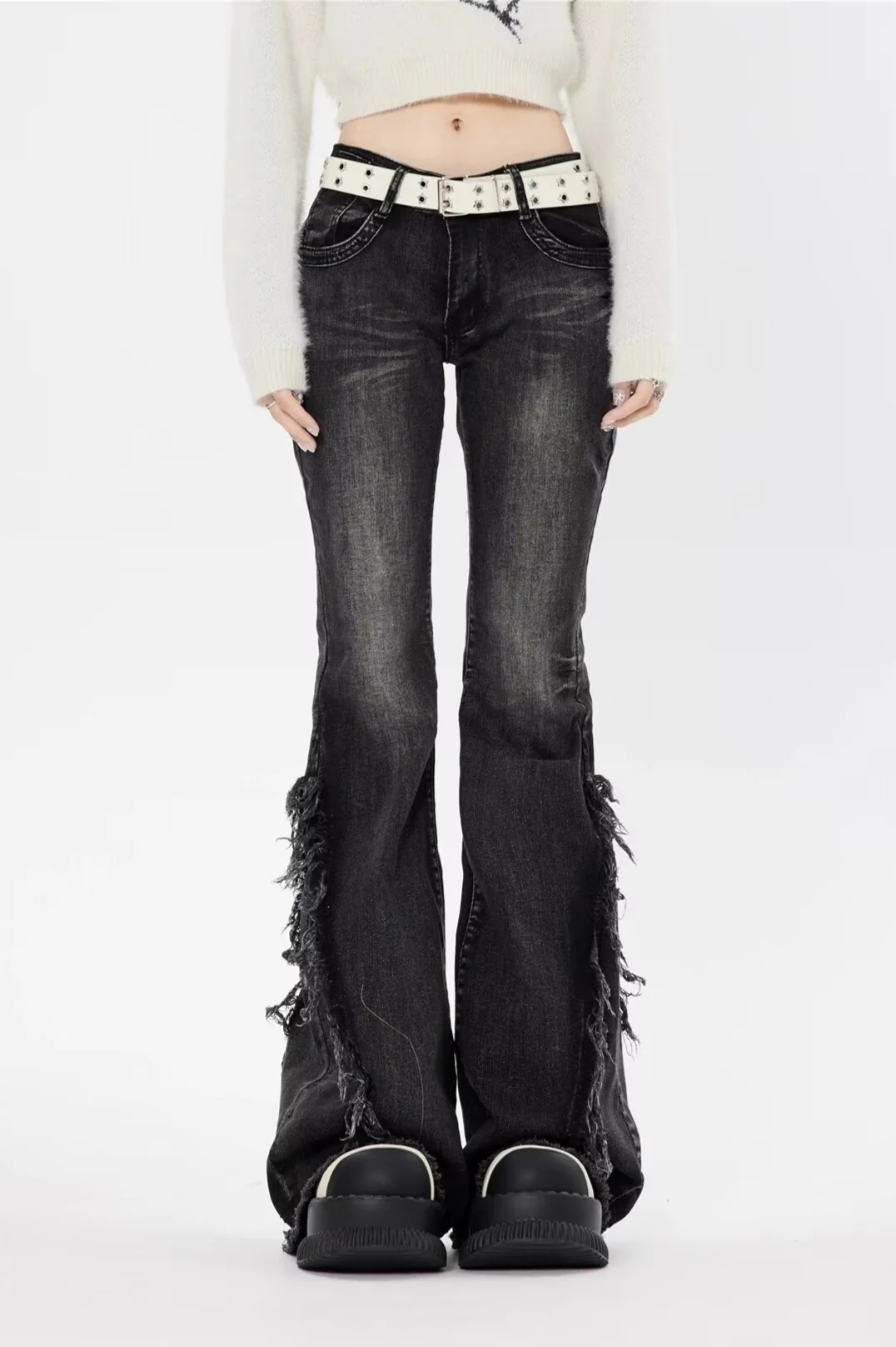 Black Low Rise Frayed Hem Long Flare Jeans