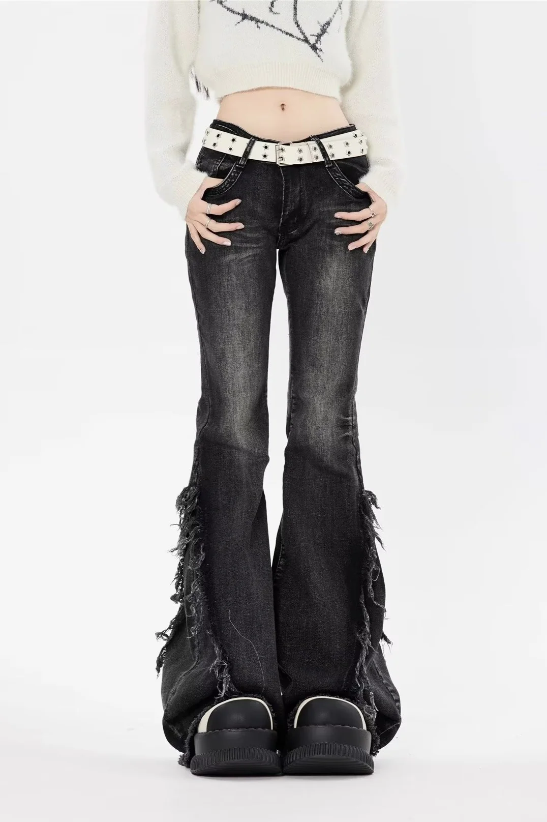 Black Low Rise Frayed Hem Long Flare Jeans - Image 3