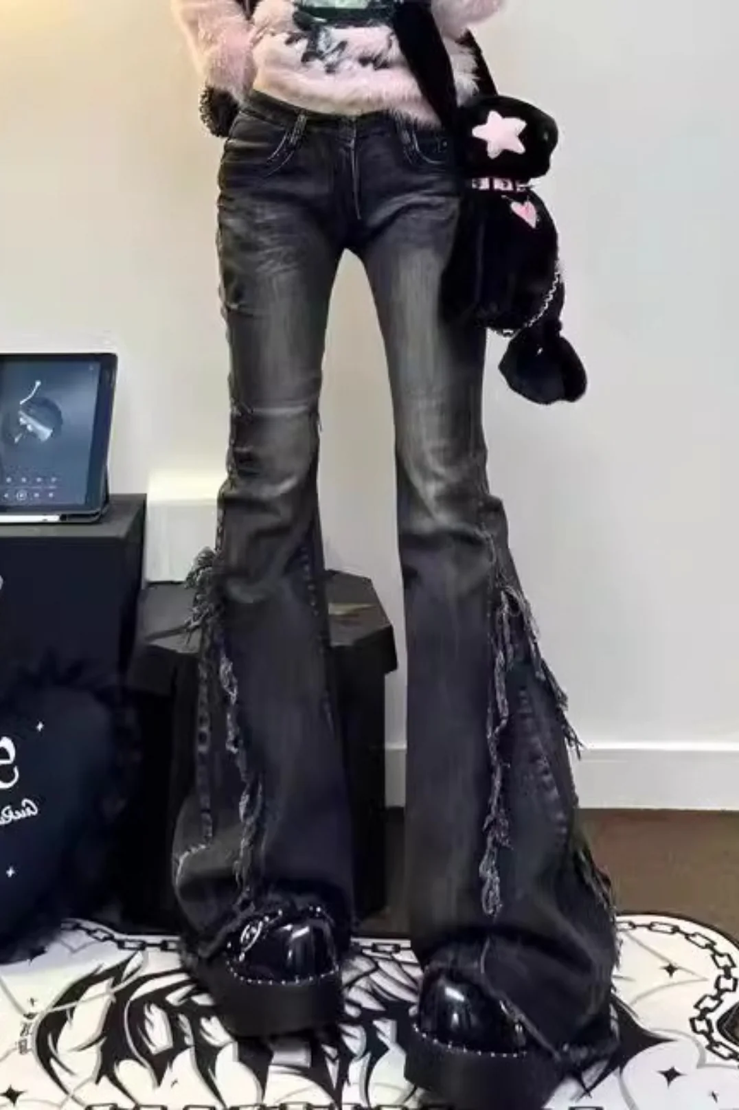 Black Low Rise Frayed Hem Long Flare Jeans - Image 4