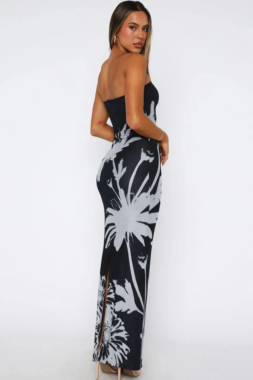 Black Printed Strapless Bodycon Vacation Dress - Image 2