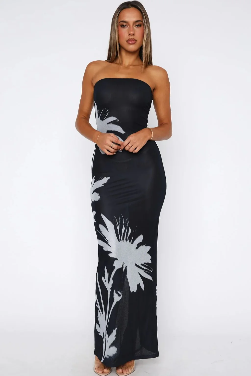 Black Printed Strapless Bodycon Vacation Dress - Image 4