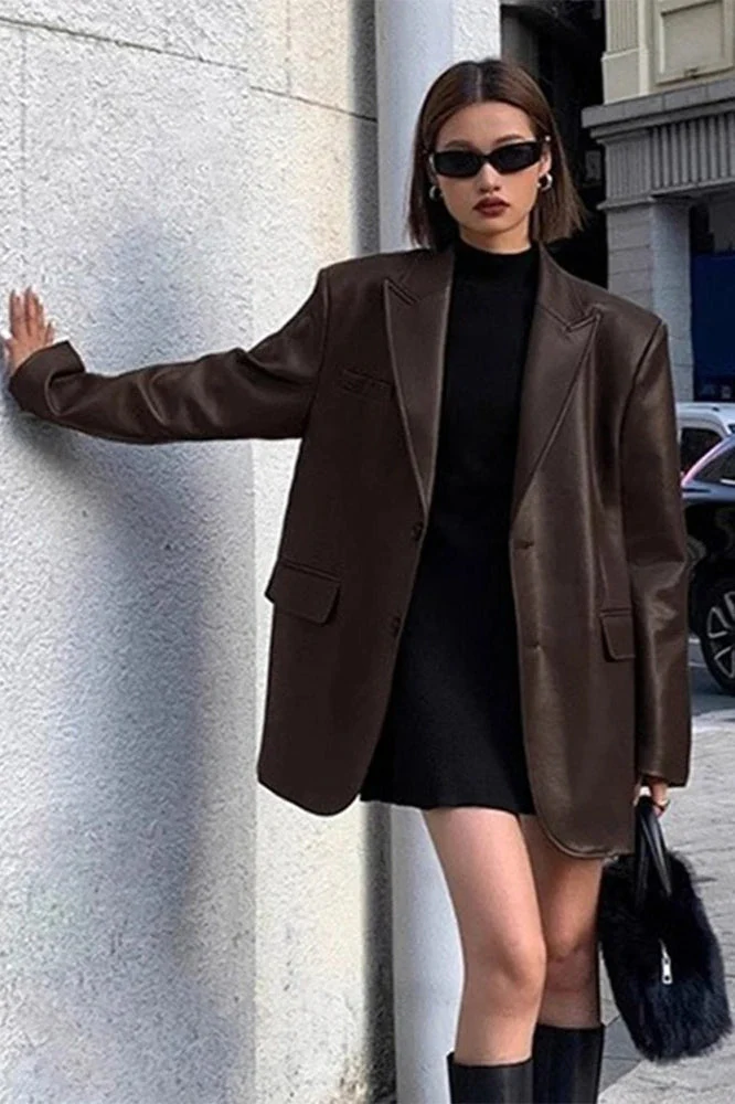 Black PU Leather Blazer Jacket