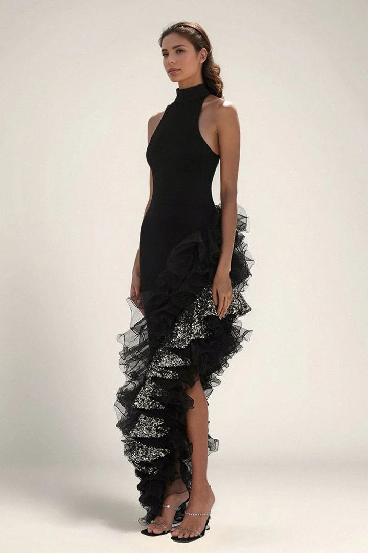 Black Ruffled Mesh Asymmetrical Party Dress - Image 3