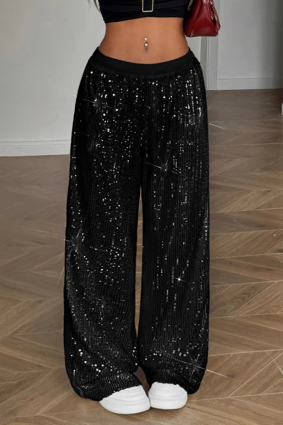 Black Sequin Wide Leg Relaxed Fit Pants - Image 4