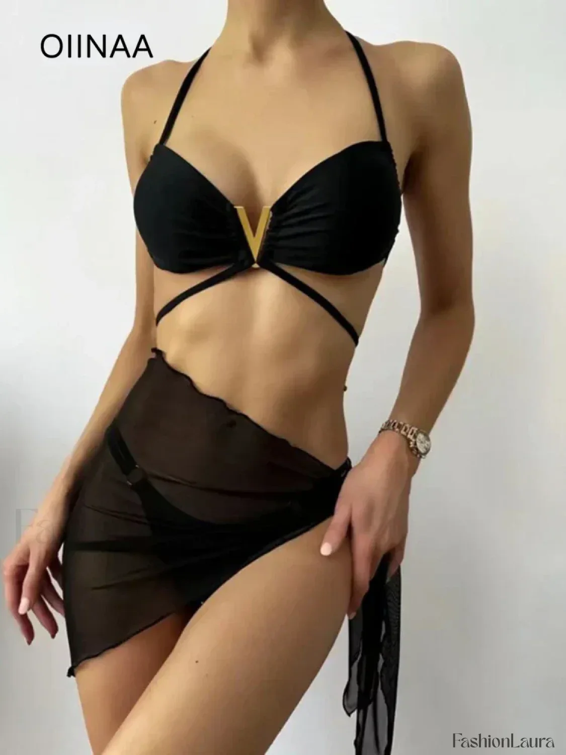 Black Sequined Halter Three Piece Set - Image 6