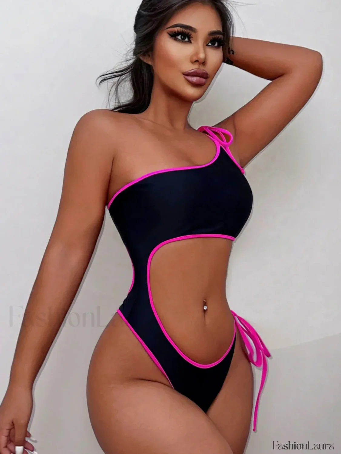 Black Single Shoulder Lace-Up One Piece - Image 12