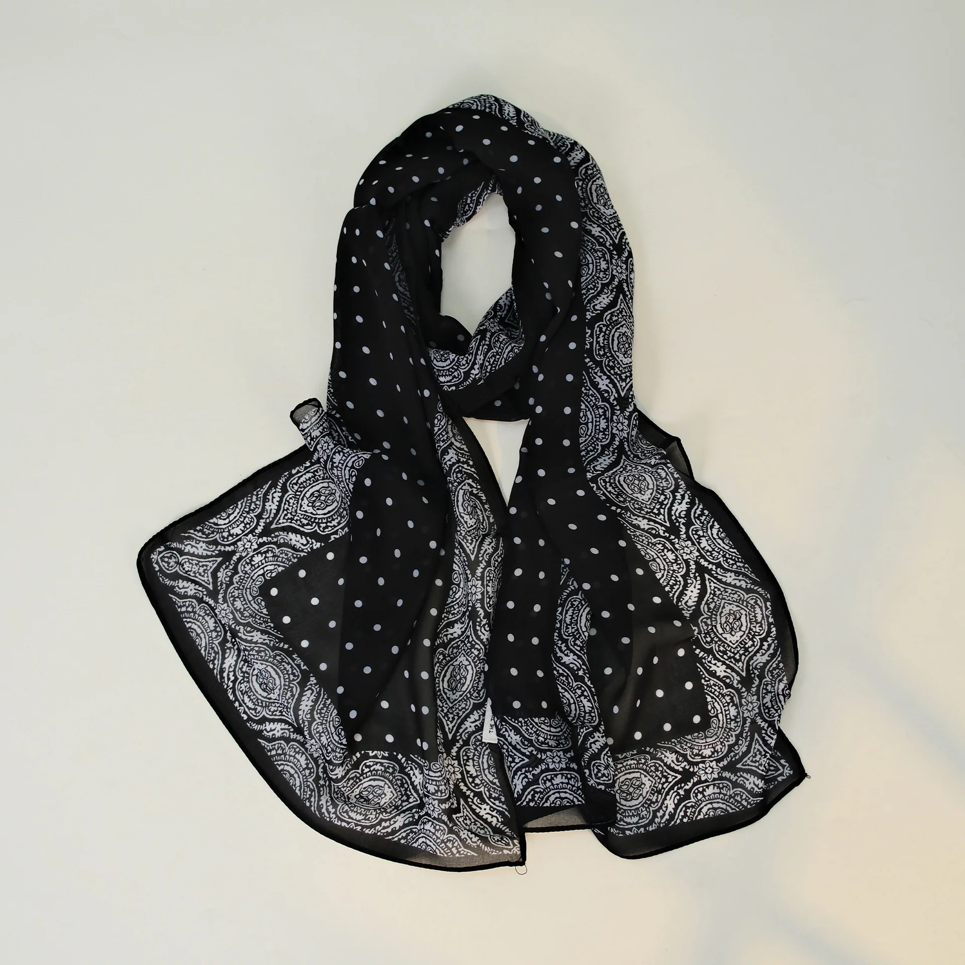 Black White Paisley Polka Dot Long Chiffon Scarf - Image 2