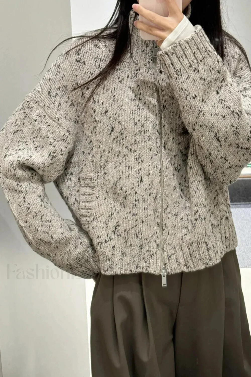 Blended Texture Zipper Cardigan - Image 2