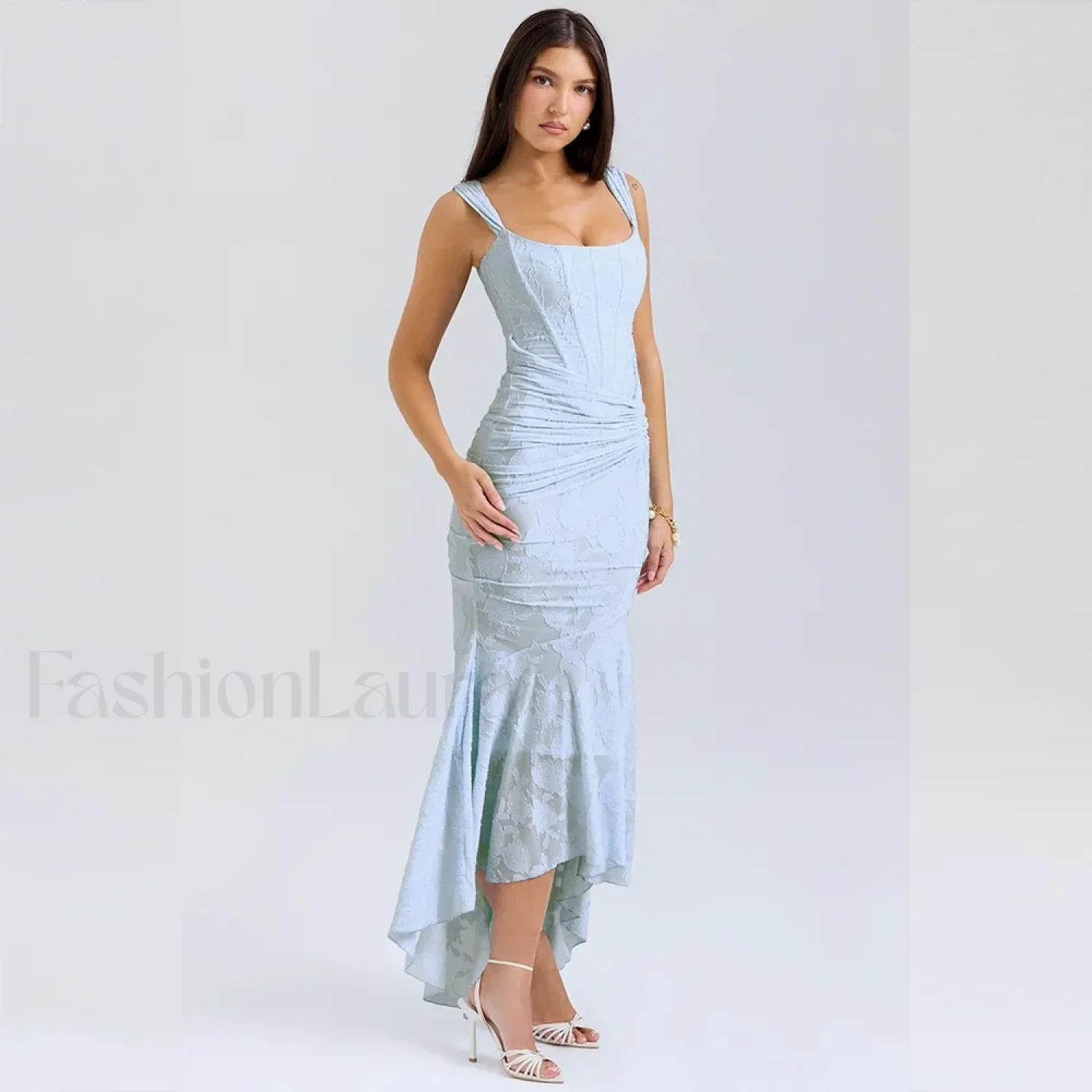 Blue Floral Gathered Maxi Dress - Image 15