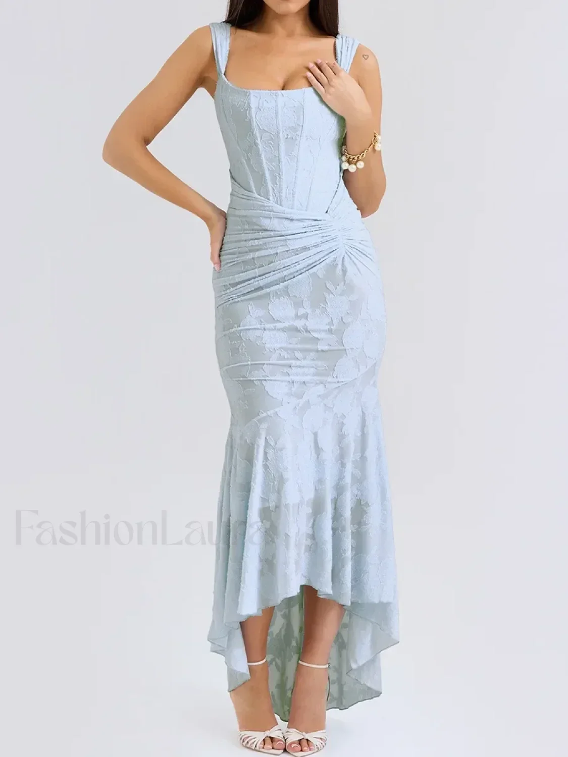 Blue Floral Gathered Maxi Dress - Image 9