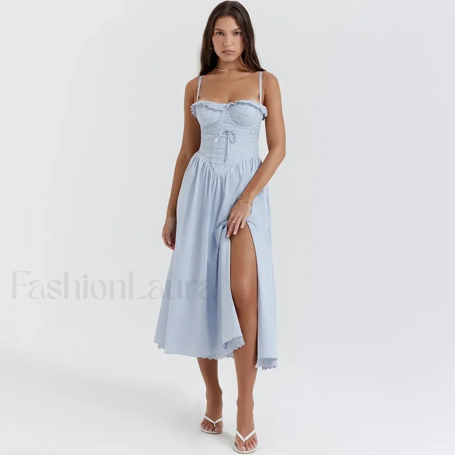 Blue High-Split Lace-Up Midi Dress - Image 4