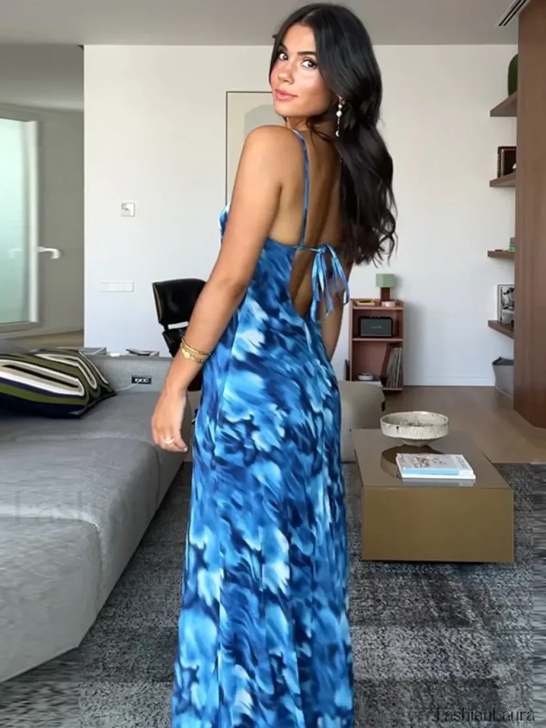 Blue Lace-Up Maxi Floral Dress - Image 13