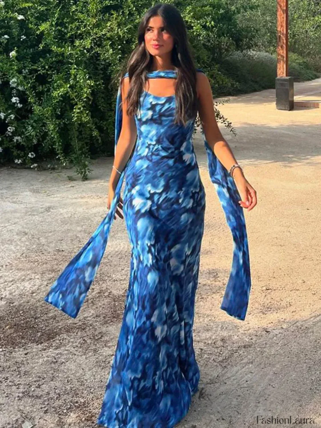 Blue Lace-Up Maxi Floral Dress - Image 15