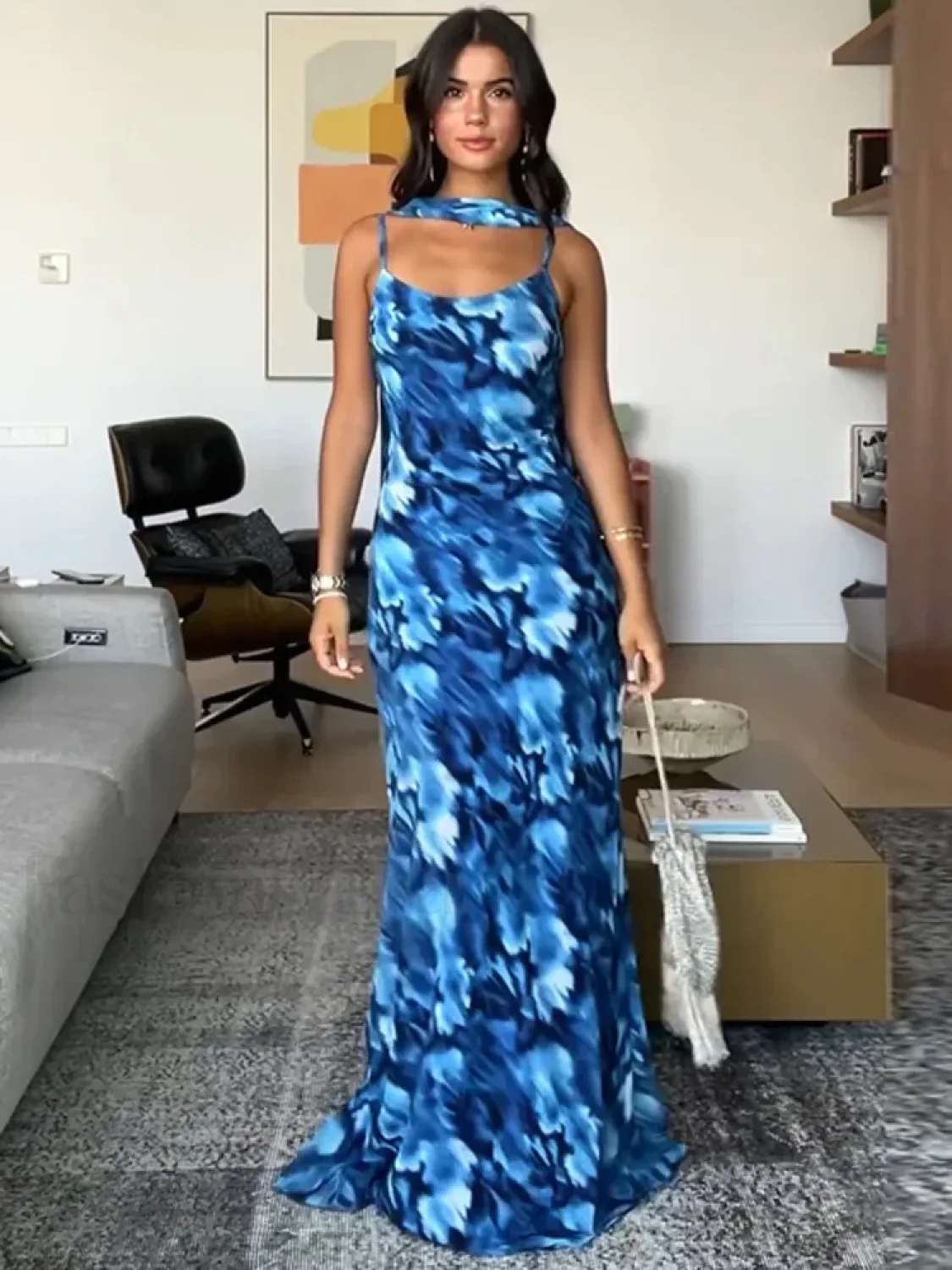 Blue Lace-Up Maxi Floral Dress - Image 2
