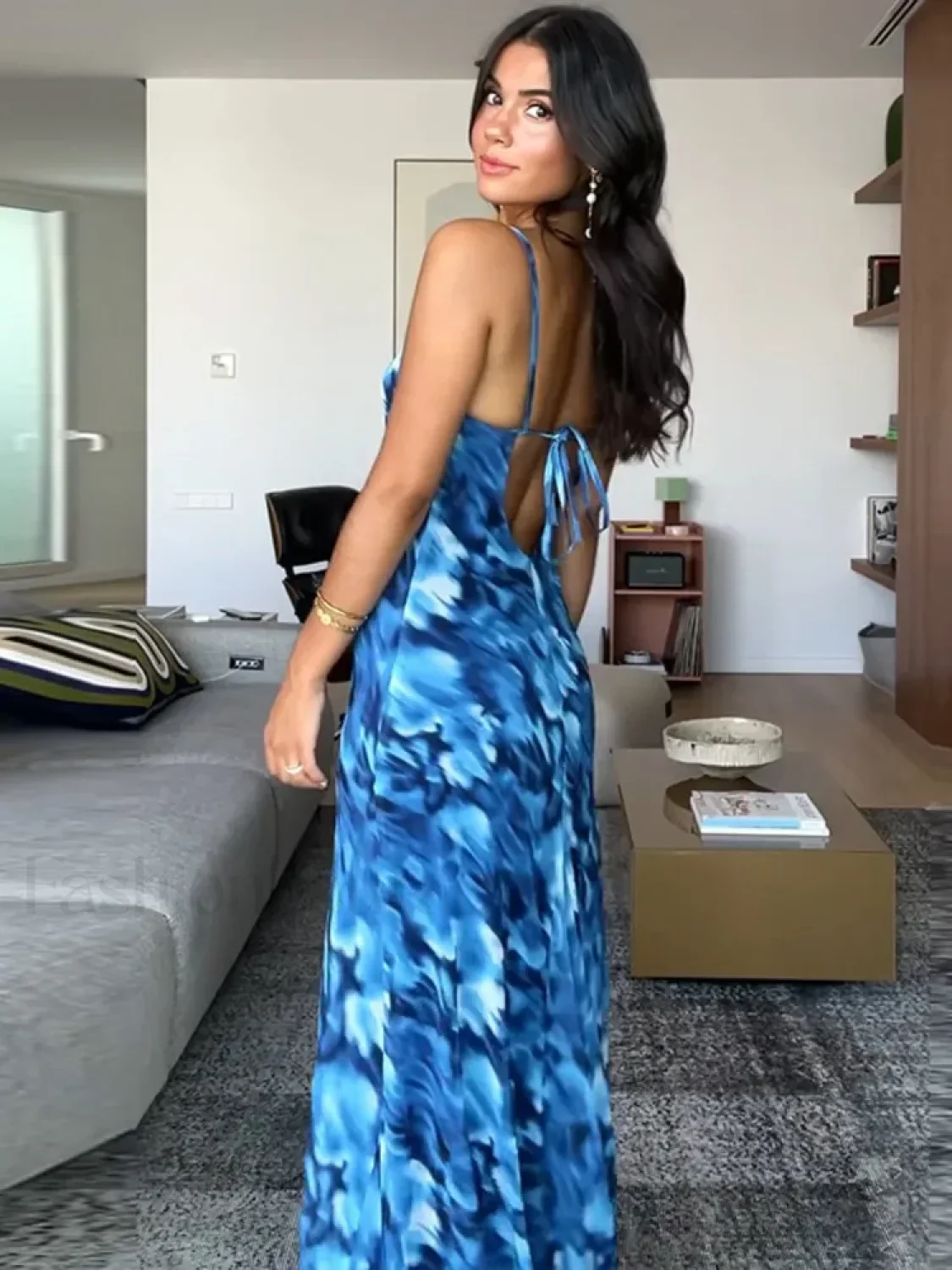 Blue Lace-Up Maxi Floral Dress - Image 8