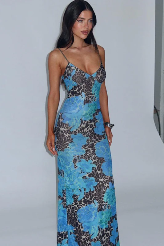 Blue Leopard Print Slim Strap Maxi Floral Dress - Image 4
