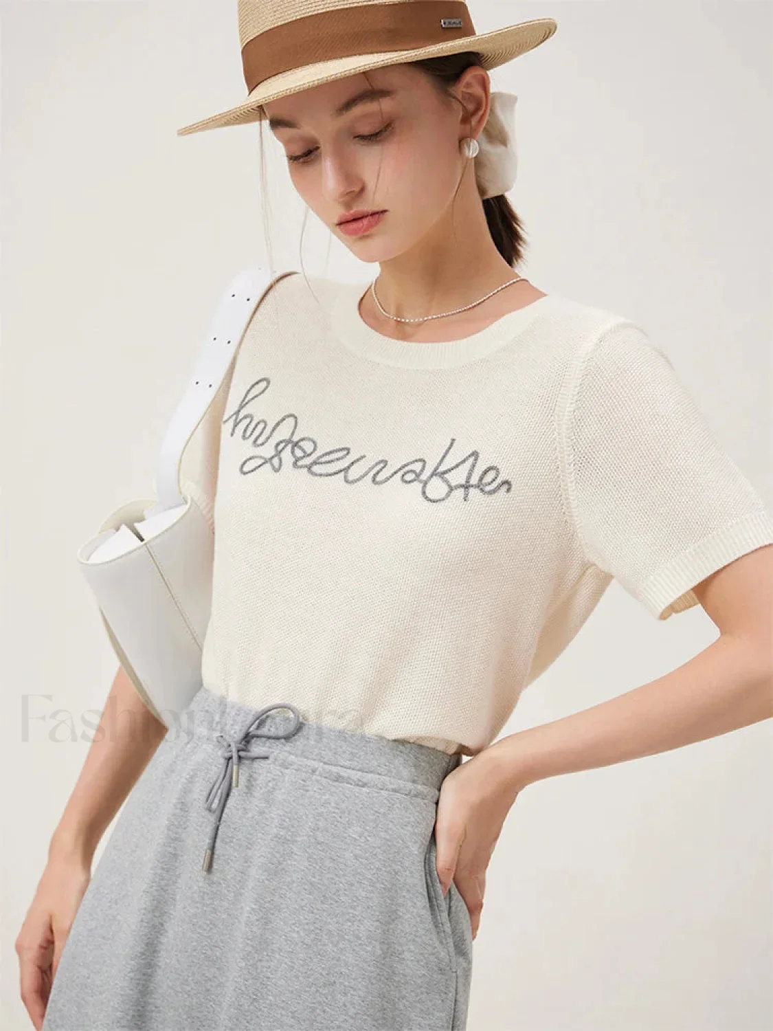 Blue Letter Embroidery Knit T-Shirt - Image 6