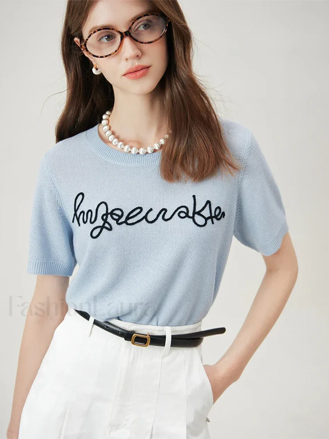Blue Letter Embroidery Knit T-Shirt - Image 8