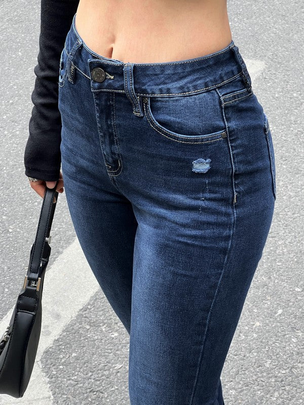 Blue Wash Distressed Stretch Flare Jeans - Image 19