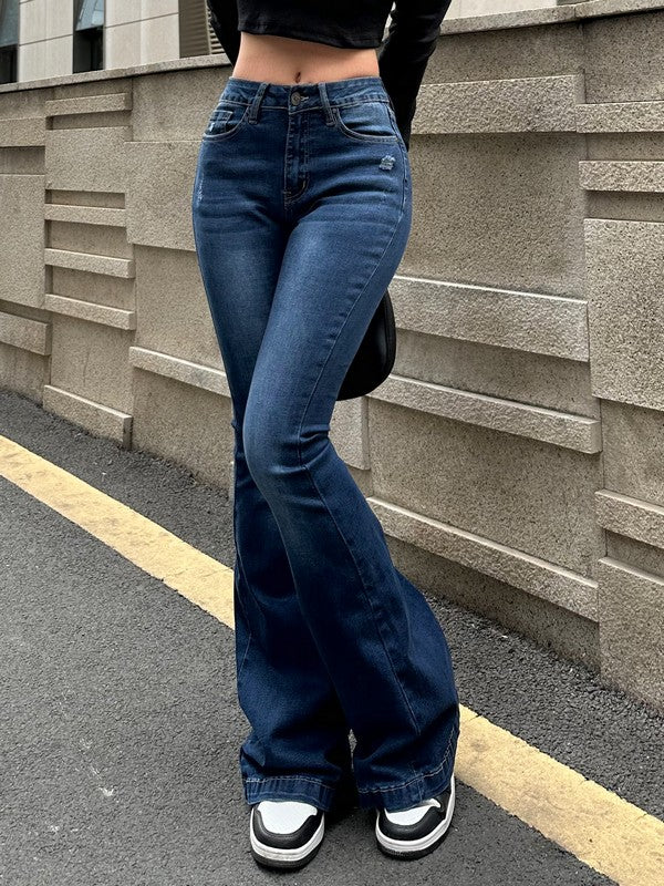Blue Wash Distressed Stretch Flare Jeans - Image 22