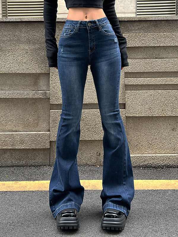 Blue Wash Distressed Stretch Flare Jeans - Image 9