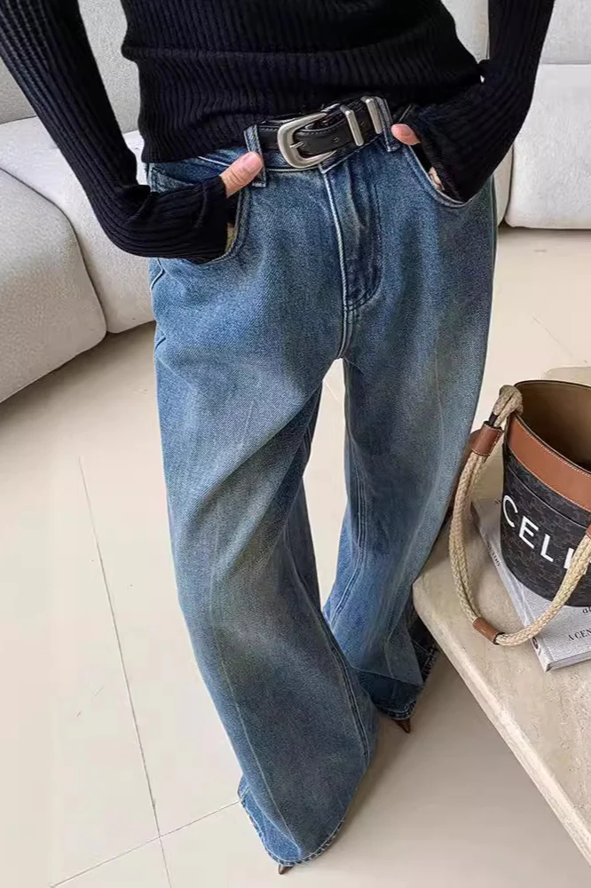 Blue Washed Casual High Waist Relaxed Long Jeans - Image 4