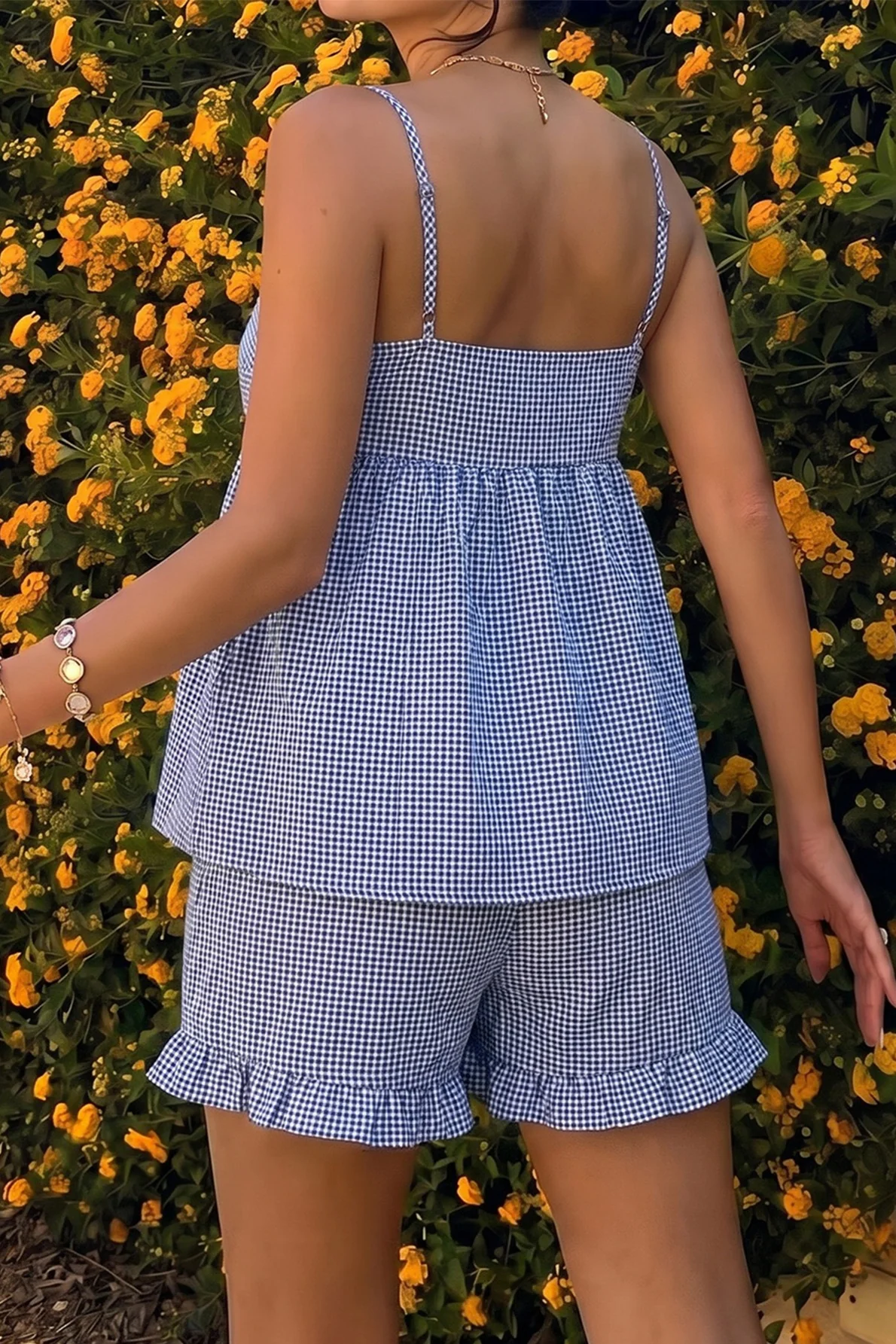 Blue White Plaid Spaghetti Strap Shorts Set - Image 5
