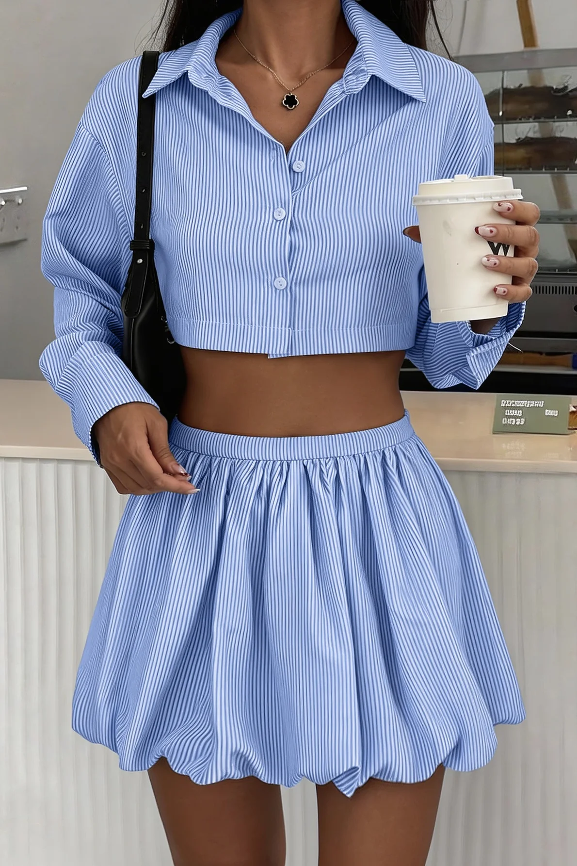 Blue White Stripe Bubble Hem Skirt Set