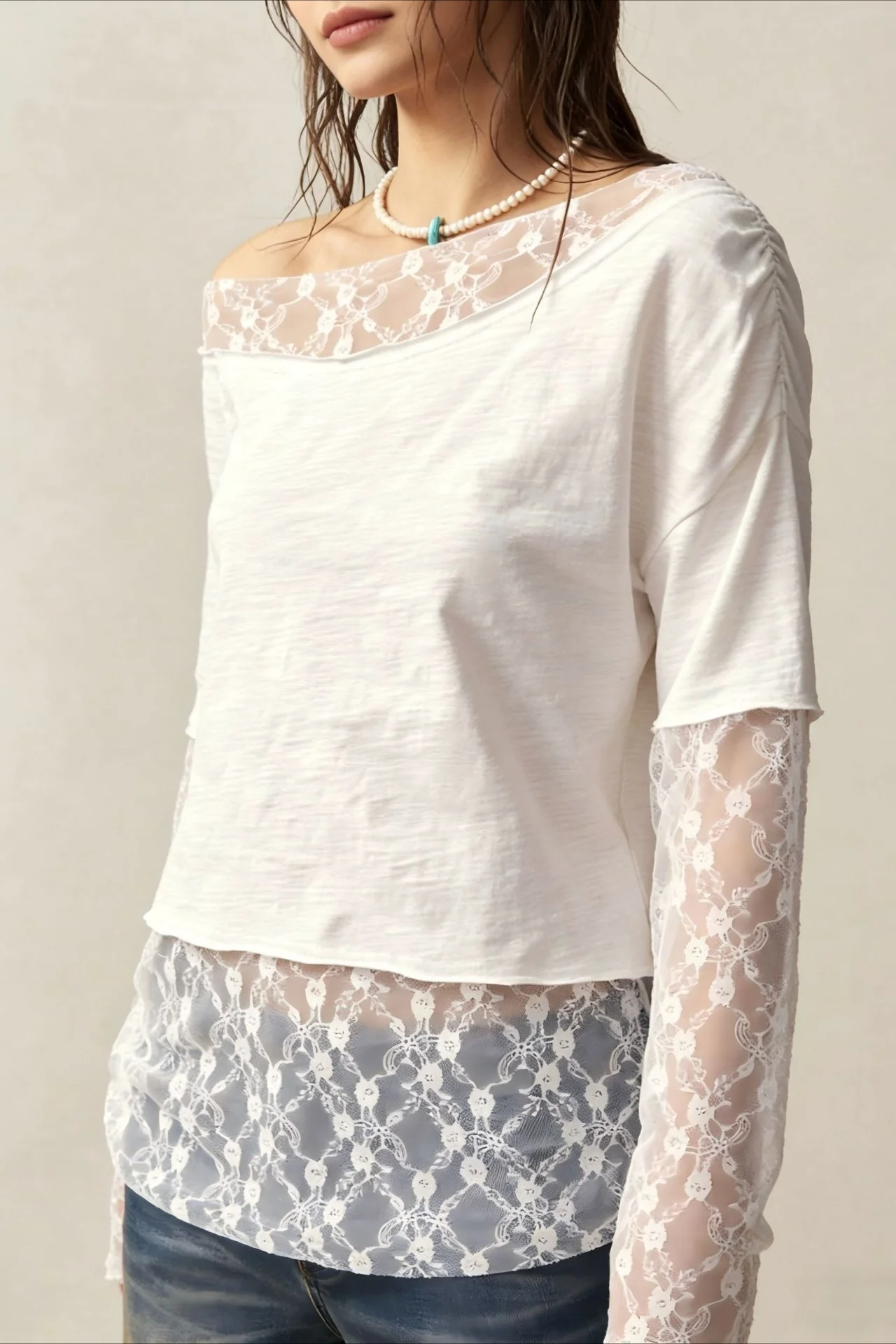 Bohemian Asymmetrical Lace Long Sleeve Tee - Image 4