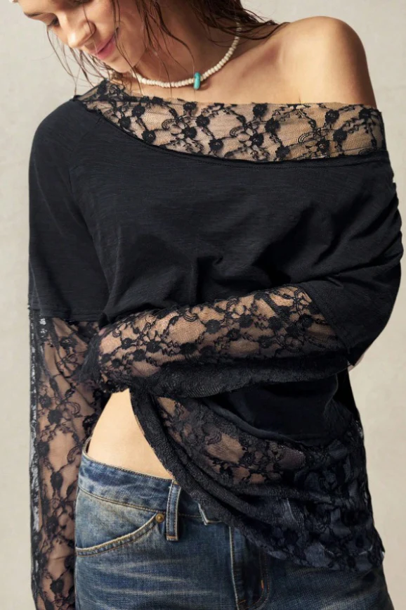 Bohemian Asymmetrical Lace Long Sleeve Tee - Image 5