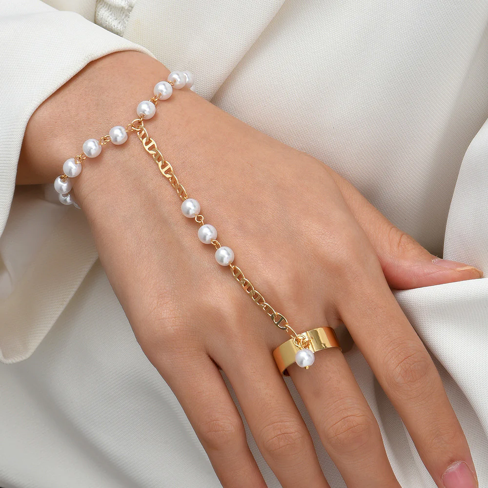 Bohemian Style Pearl Accent Chain Finger Bracelet - Image 2