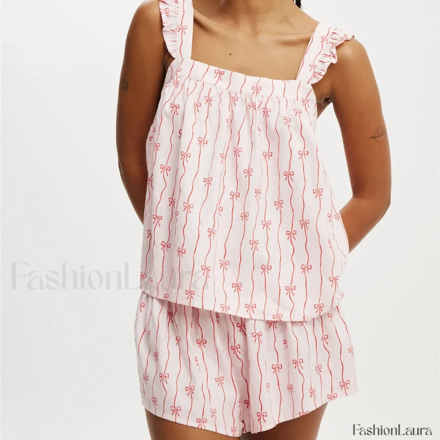 Bow Print Ruffled Camisole Wide Leg Shorts Two Piece Set - Image 18