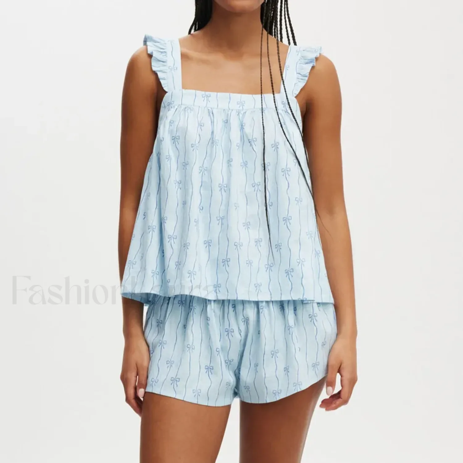 Bow Print Ruffled Camisole Wide Leg Shorts Two Piece Set - Image 9