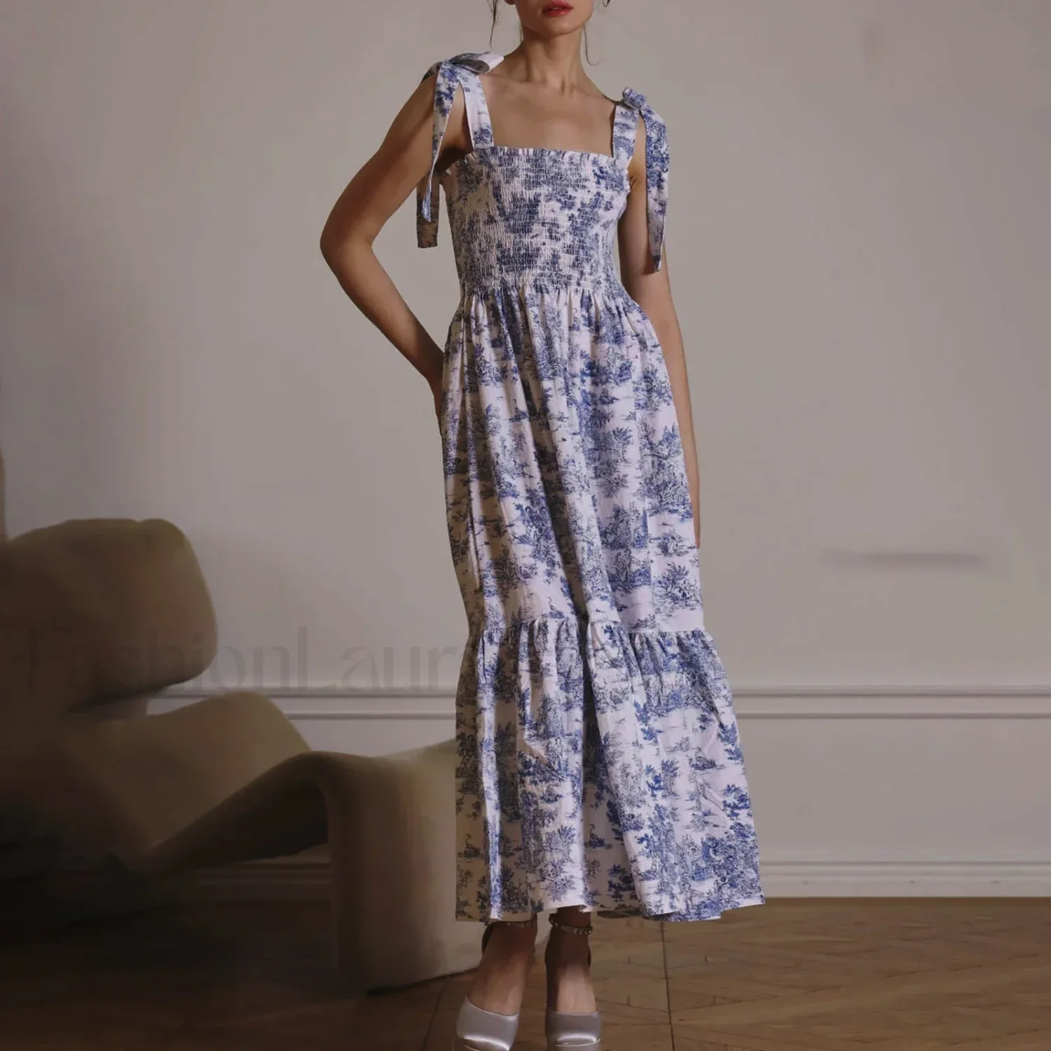 Bow-Strap Floral Smocked Midi Dress - Image 4