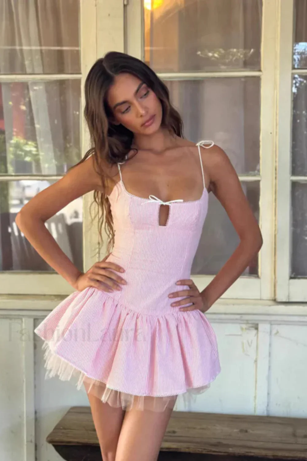 Bow Tie Mesh Cami Puff Mini Dress