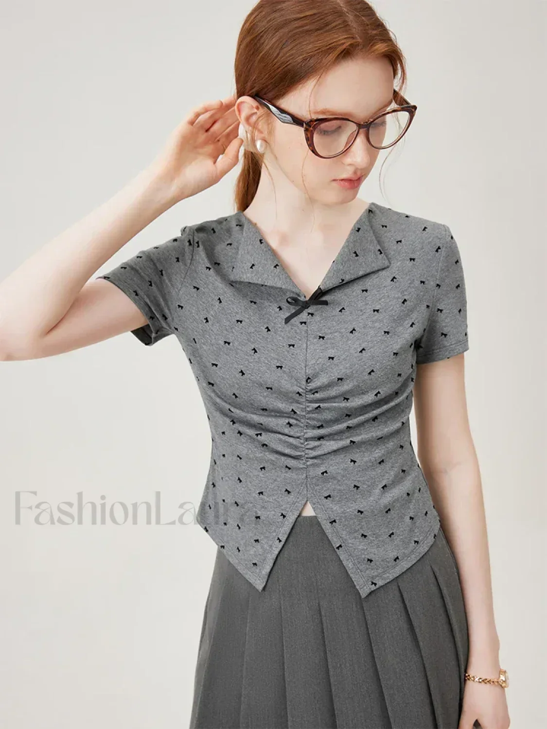 Bowknot Lapel Tight Knit Casual T-Shirt