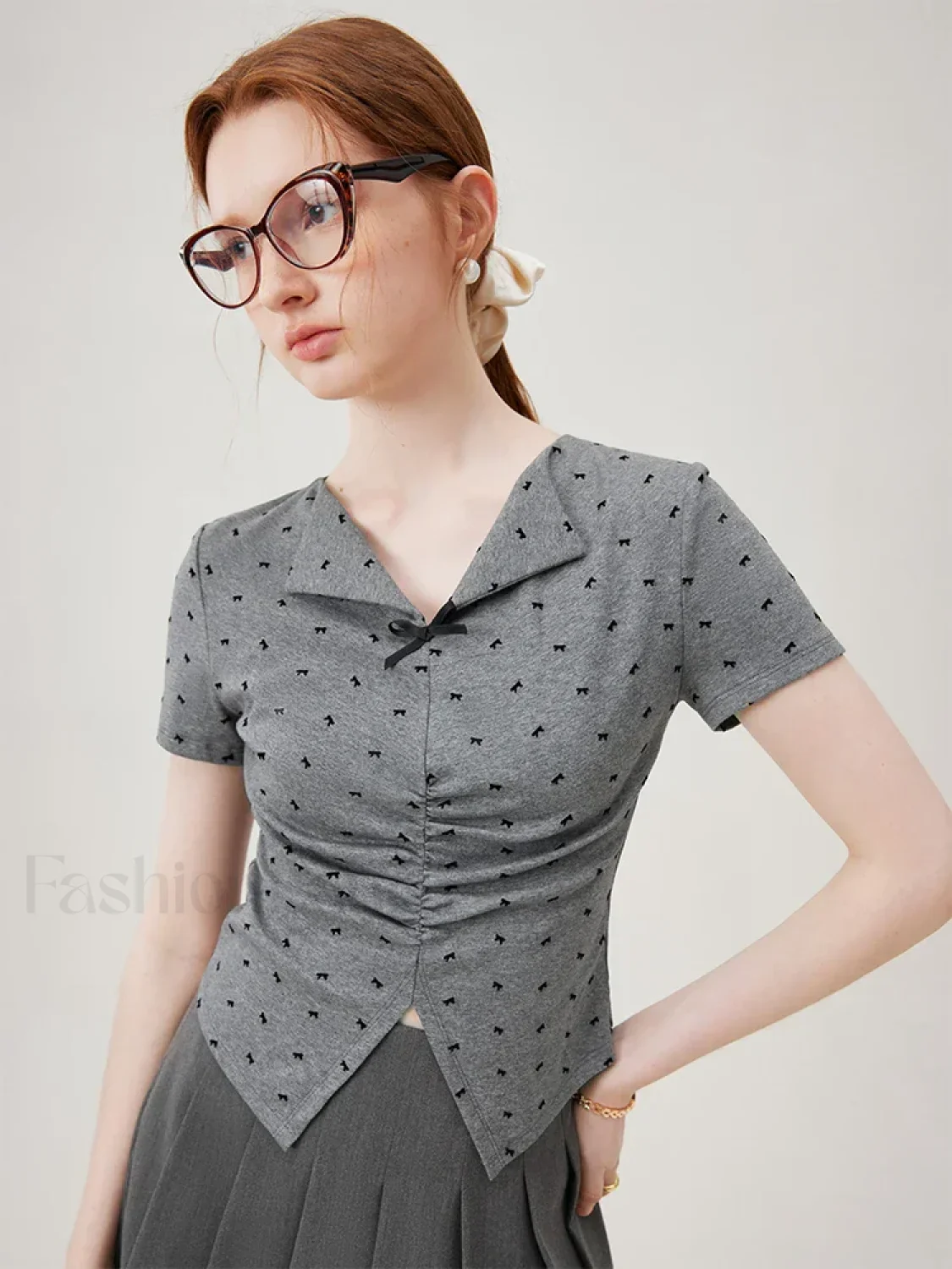 Bowknot Lapel Tight Knit Casual T-Shirt - Image 4