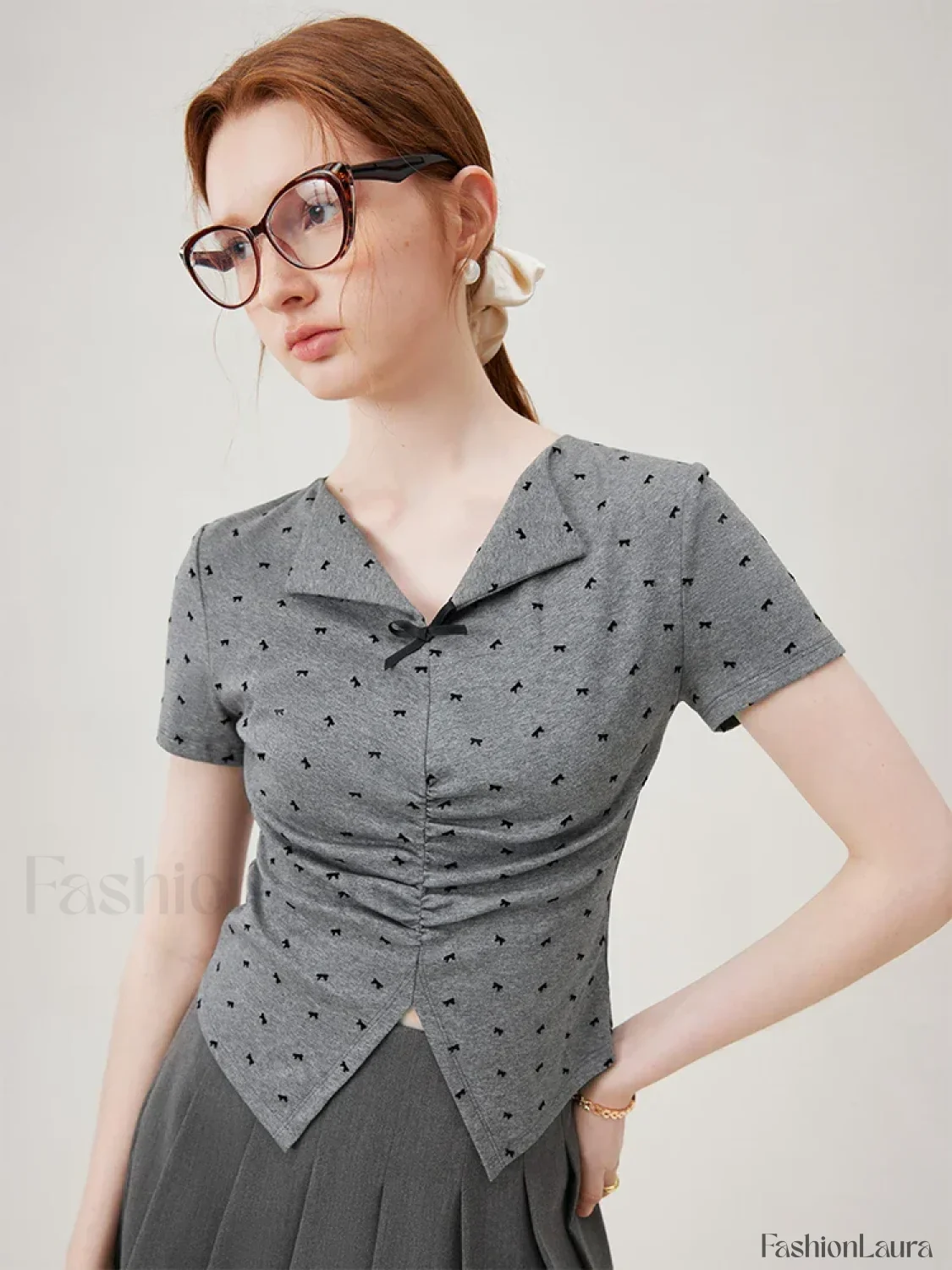 Bowknot Lapel Tight Knit Casual T-Shirt - Image 6