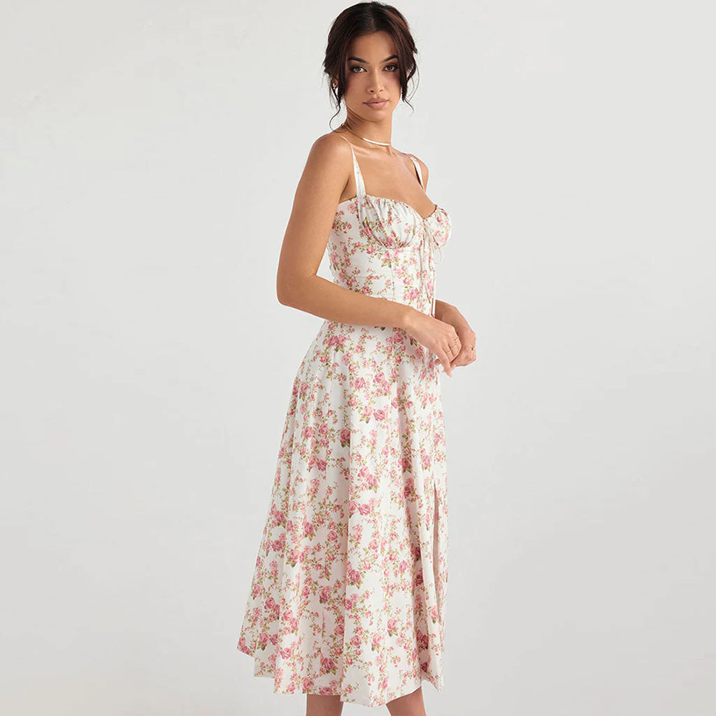 Breezy Floral Printed Lace Up Back Tie String Slit Midi Sundress - Pink - Image 4