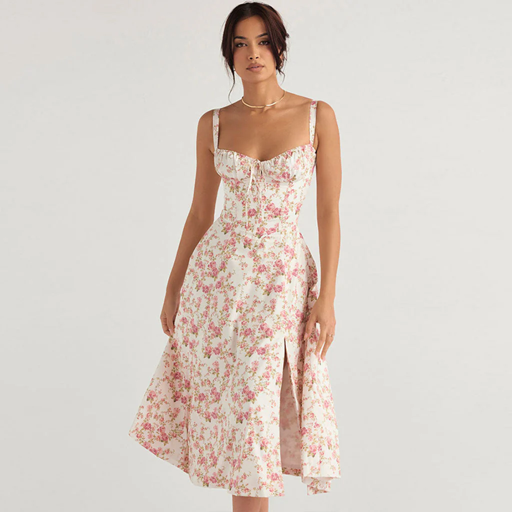Breezy Floral Printed Lace Up Back Tie String Slit Midi Sundress - Pink - Image 5