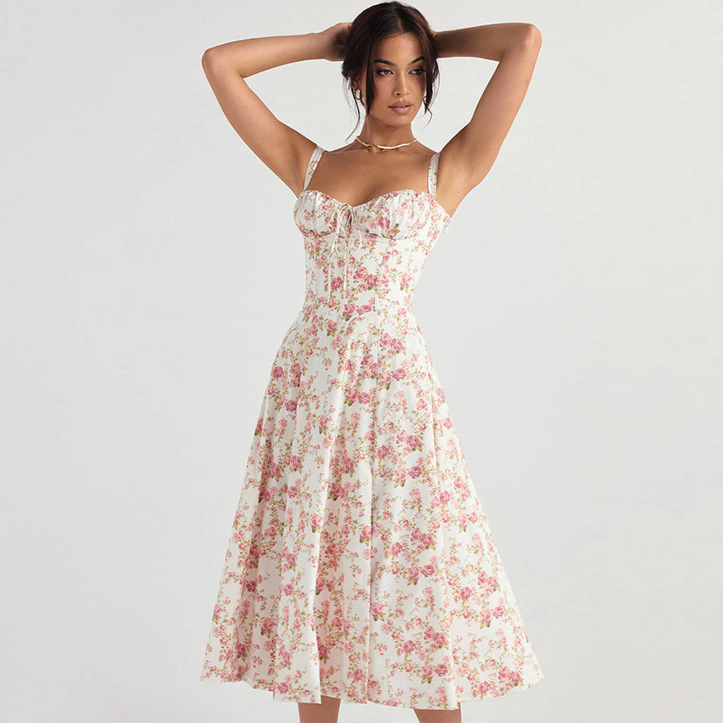 Breezy Floral Printed Lace Up Back Tie String Slit Midi Sundress - Pink - Image 9