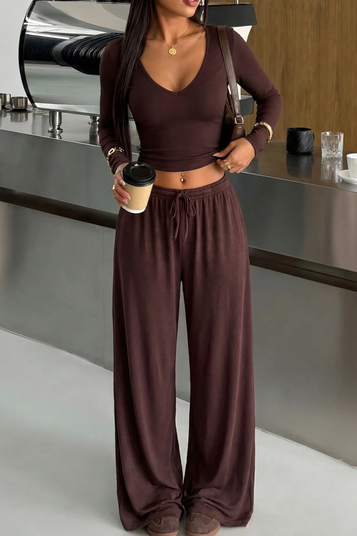 Brown Deep V Fitted Active Pants Set - Image 2