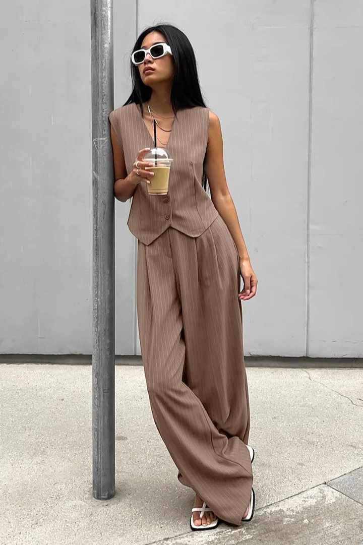 Brown Striped Two Piece Vest Pants Set - Image 11