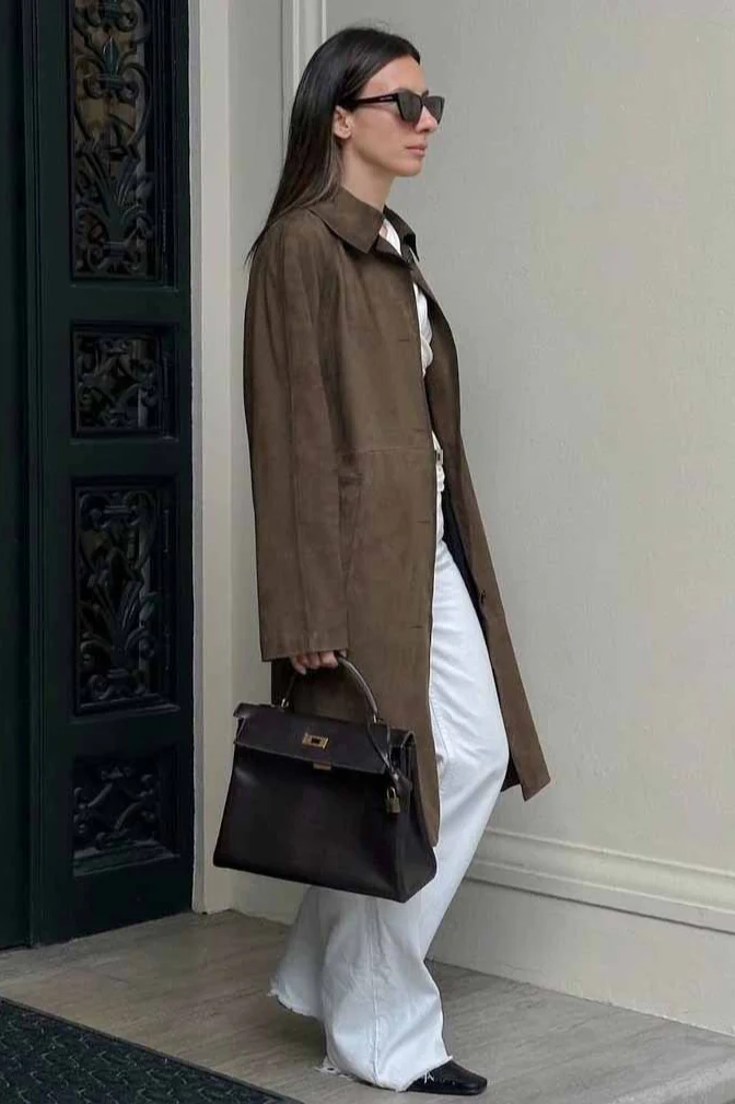 Brown Suede Retro Long Sleeve Overcoat - Image 2
