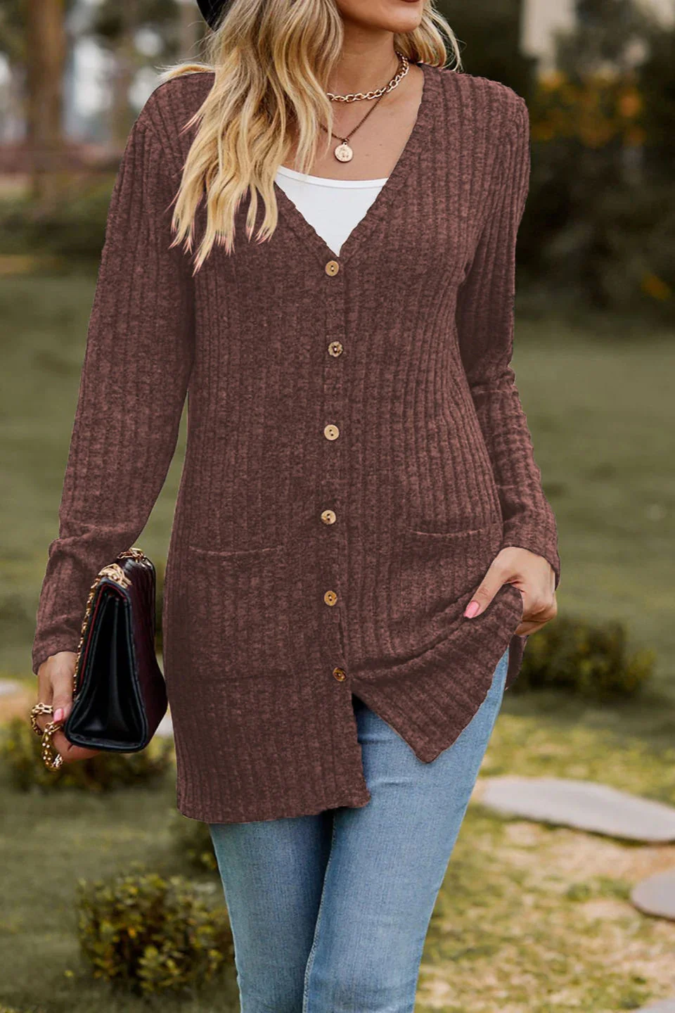 Brushed Ribbed Long Sleeve Cardigan - Image 11
